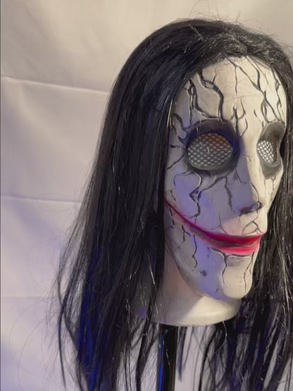 👹 Maschera Horror Halloween Viso Screpolato Capelli Neri Lattice Cosplay Adulti
