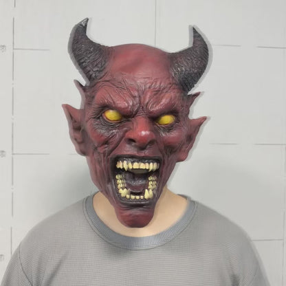 😈 Maschera Demoniaca Spaventosa con Corna – Copertura Totale in Lattice Dipinta a Mano