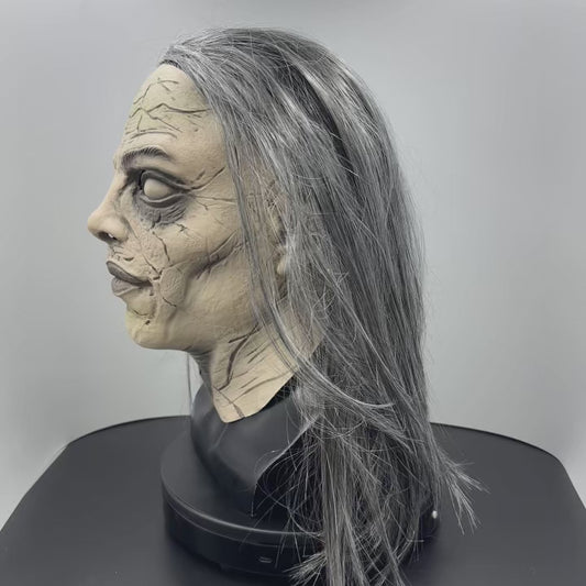 🔥Maschera di Halloween con capelli lunghi grigi, maschera spaventosa da fantasma